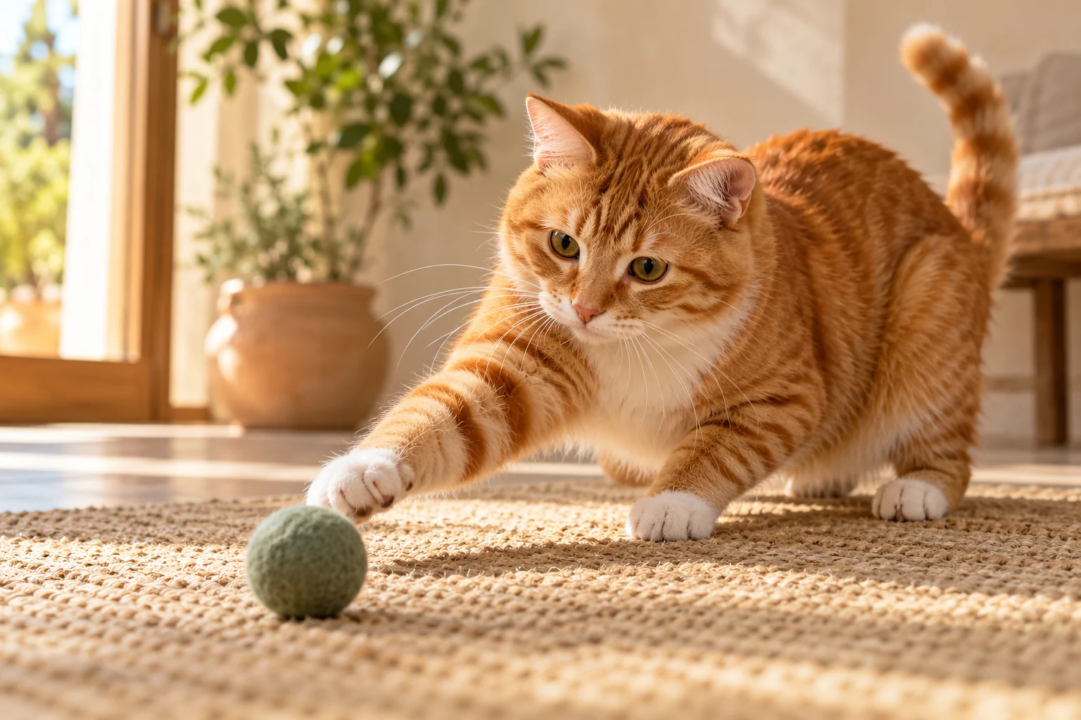 Gato naranja con una pata extendida hacia una pelota verde