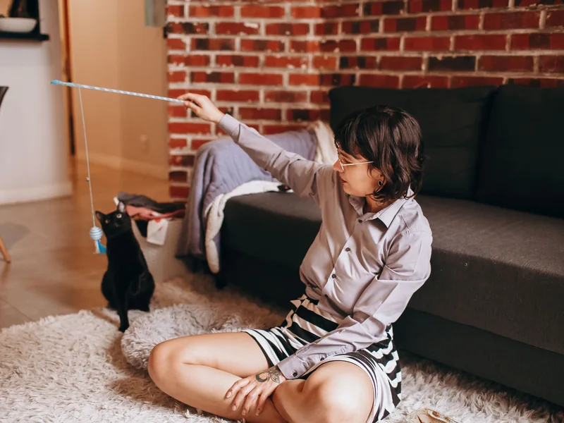 Mujer sentada en una alfombra moviendo una caña azul frente a un gato negro erguido